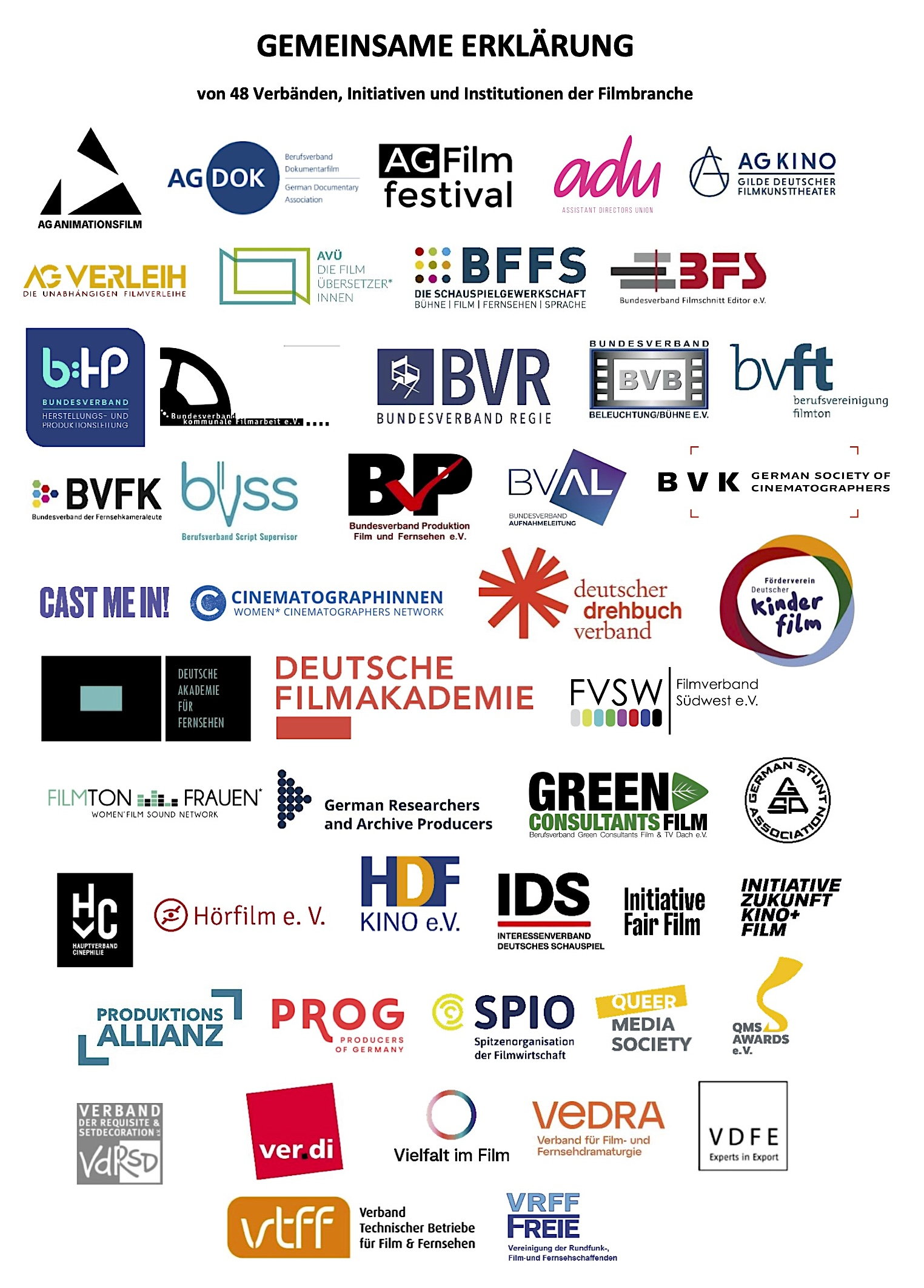 Gemeinsame Erklärung von 48 Verbänden, Initiativen und Institutionen der Filmbranche