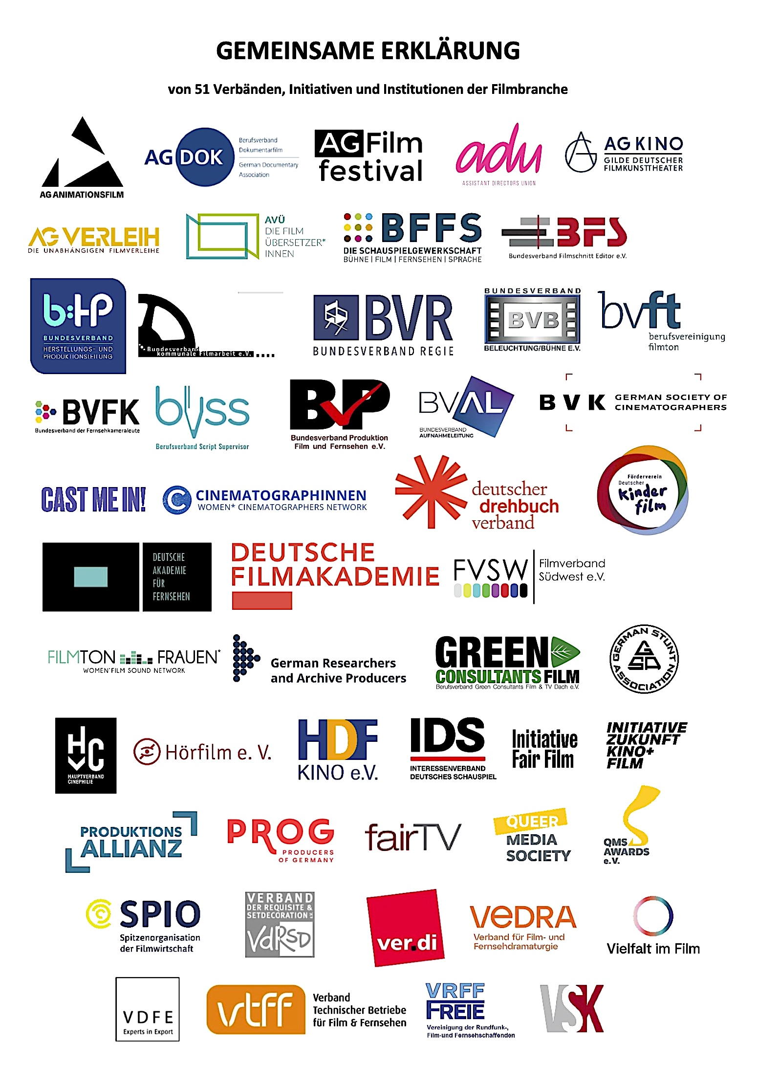 Gemeinsame Erklärung von 51 Verbänden, Initiativen und Institutionen der Filmbranche